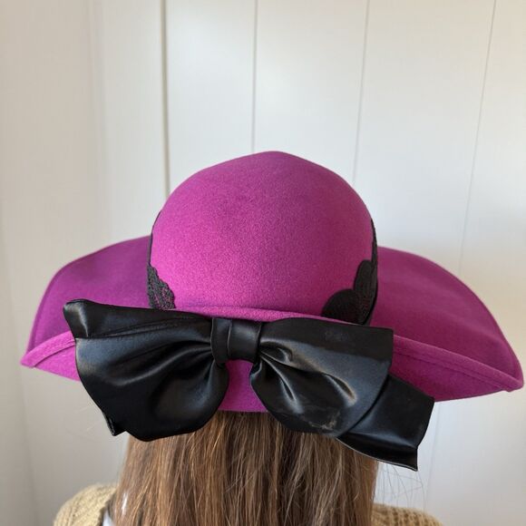 NEW VTG Fedora Wide Brim Hat Wool Lace Satin Bow Fuschia Pink Whimsigoth Wedding - Picture 2 of 16